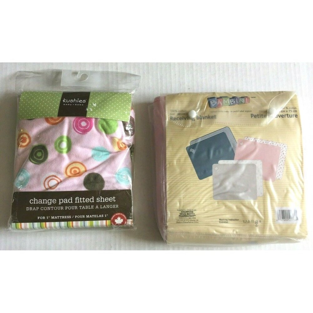 Set Of 2 Bambini Receiving Blanket & Kushies Change Pad Fitted Sheet. Pink. NIB